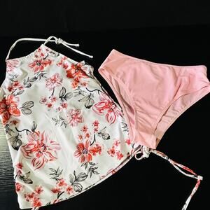 Floral Tankini Swimsuit Womens Small Pink High Waisted Halter Two Piece Set